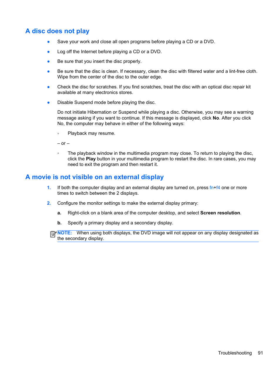 A disc does not play, A movie is not visible on an external display | HP EliteBook 8470w Mobile Workstation User Manual | Page 101 / 113