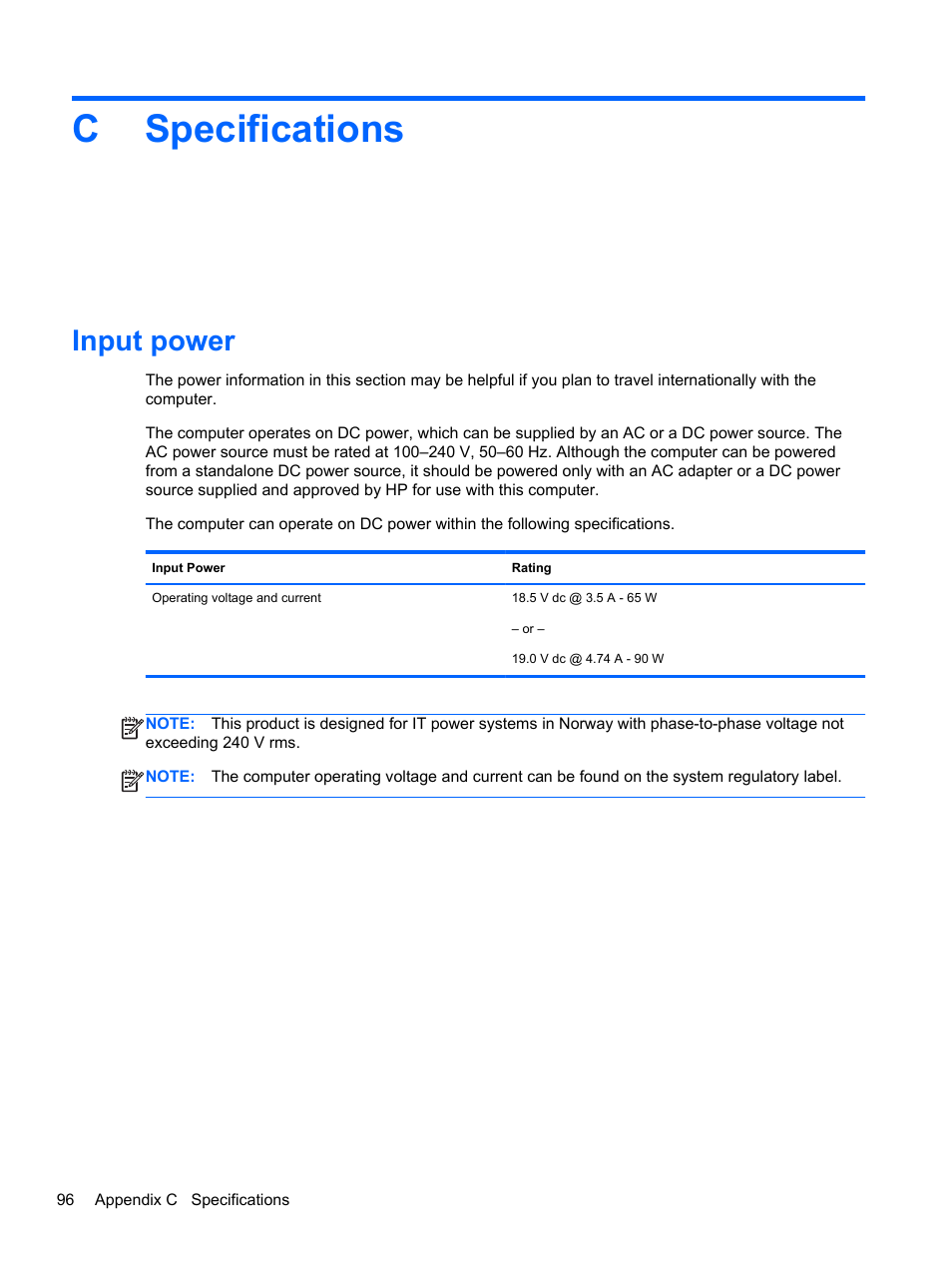 Specifications, Input power, Appendix c specifications | Cspecifications | HP EliteBook 8470w Mobile Workstation User Manual | Page 106 / 113