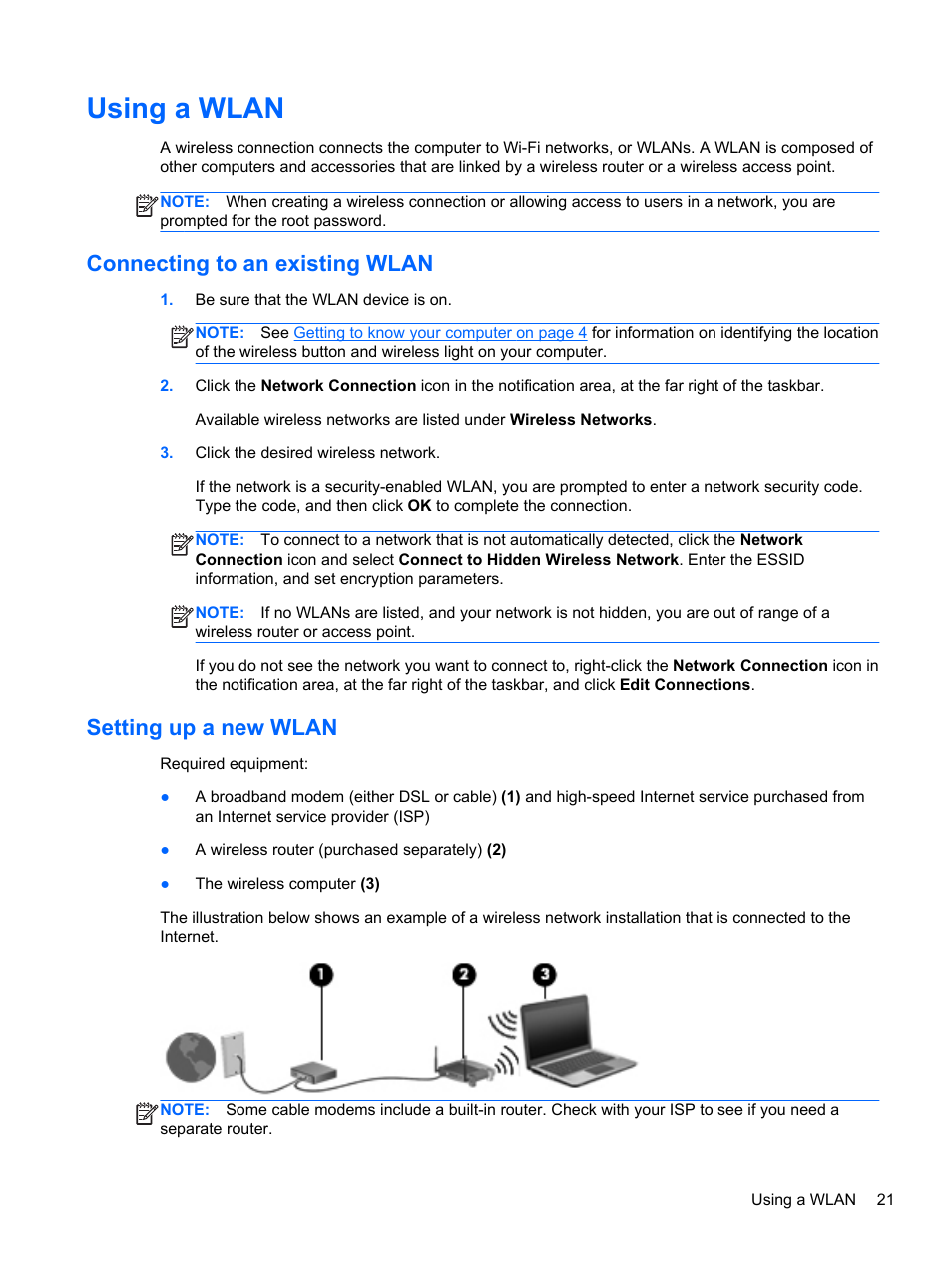 Using a wlan, Connecting to an existing wlan, Setting up a new wlan | Connecting to an | HP EliteBook 8470w Mobile Workstation User Manual | Page 31 / 113