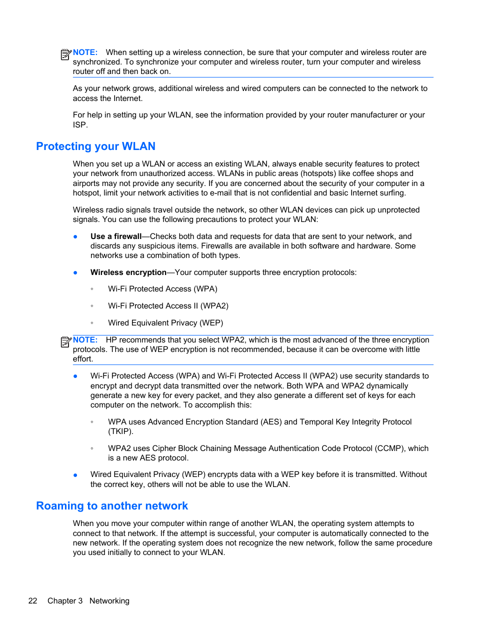 Protecting your wlan, Roaming to another network, Protecting your wlan roaming to another network | HP EliteBook 8470w Mobile Workstation User Manual | Page 32 / 113