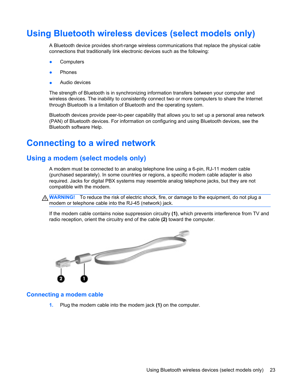 Connecting to a wired network, Using a modem (select models only), Connecting a modem cable | HP EliteBook 8470w Mobile Workstation User Manual | Page 33 / 113