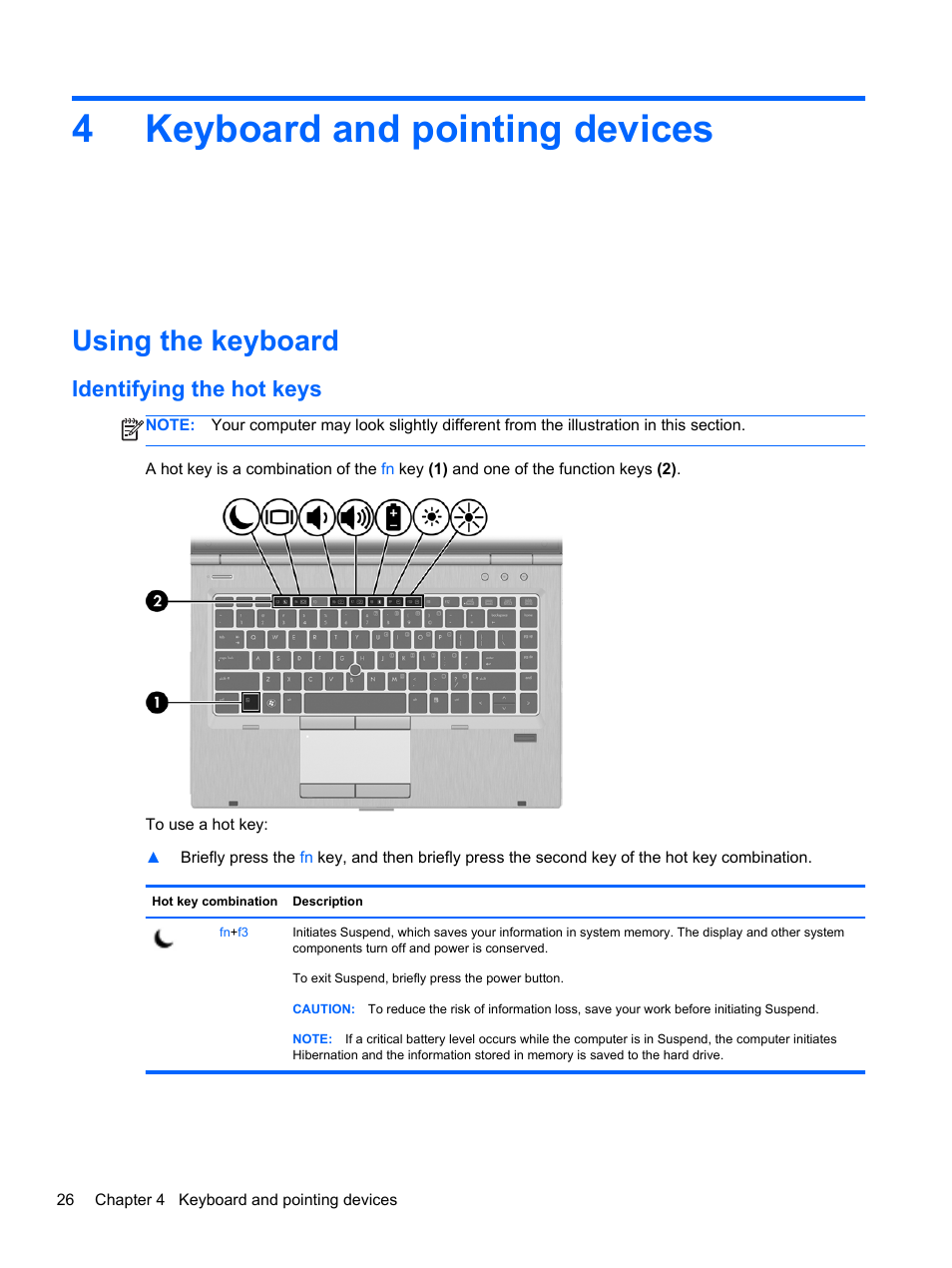 Keyboard and pointing devices, Using the keyboard, Identifying the hot keys | 4 keyboard and pointing devices, 4keyboard and pointing devices | HP EliteBook 8470w Mobile Workstation User Manual | Page 36 / 113