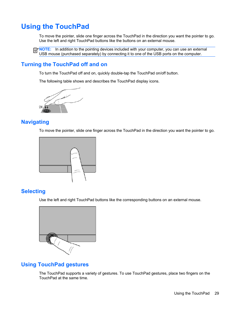 Using the touchpad, Turning the touchpad off and on, Navigating | Selecting, Using touchpad gestures | HP EliteBook 8470w Mobile Workstation User Manual | Page 39 / 113