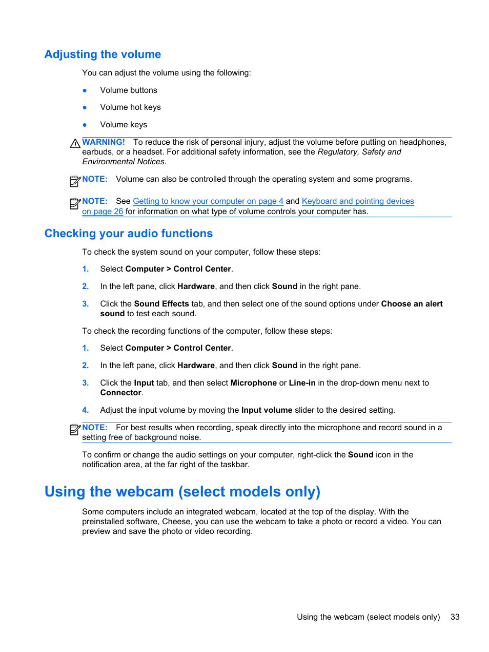 Adjusting the volume, Checking your audio functions, Using the webcam (select models only) | Adjusting the volume checking your audio functions | HP EliteBook 8470w Mobile Workstation User Manual | Page 43 / 113