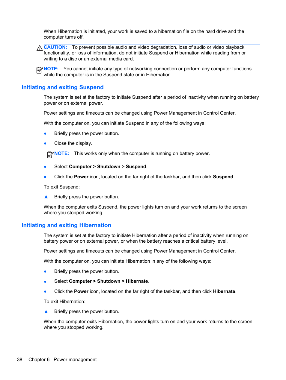 Initiating and exiting suspend, Initiating and exiting hibernation | HP EliteBook 8470w Mobile Workstation User Manual | Page 48 / 113