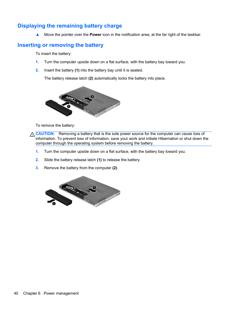 Displaying the remaining battery charge, Inserting or removing the battery | HP EliteBook 8470w Mobile Workstation User Manual | Page 50 / 113