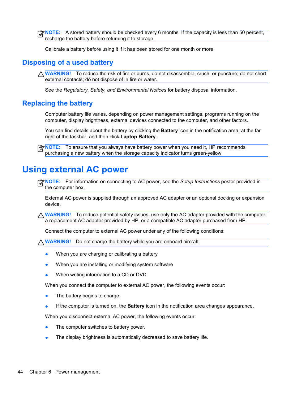Disposing of a used battery, Replacing the battery, Using external ac power | Disposing of a used battery replacing the battery | HP EliteBook 8470w Mobile Workstation User Manual | Page 54 / 113