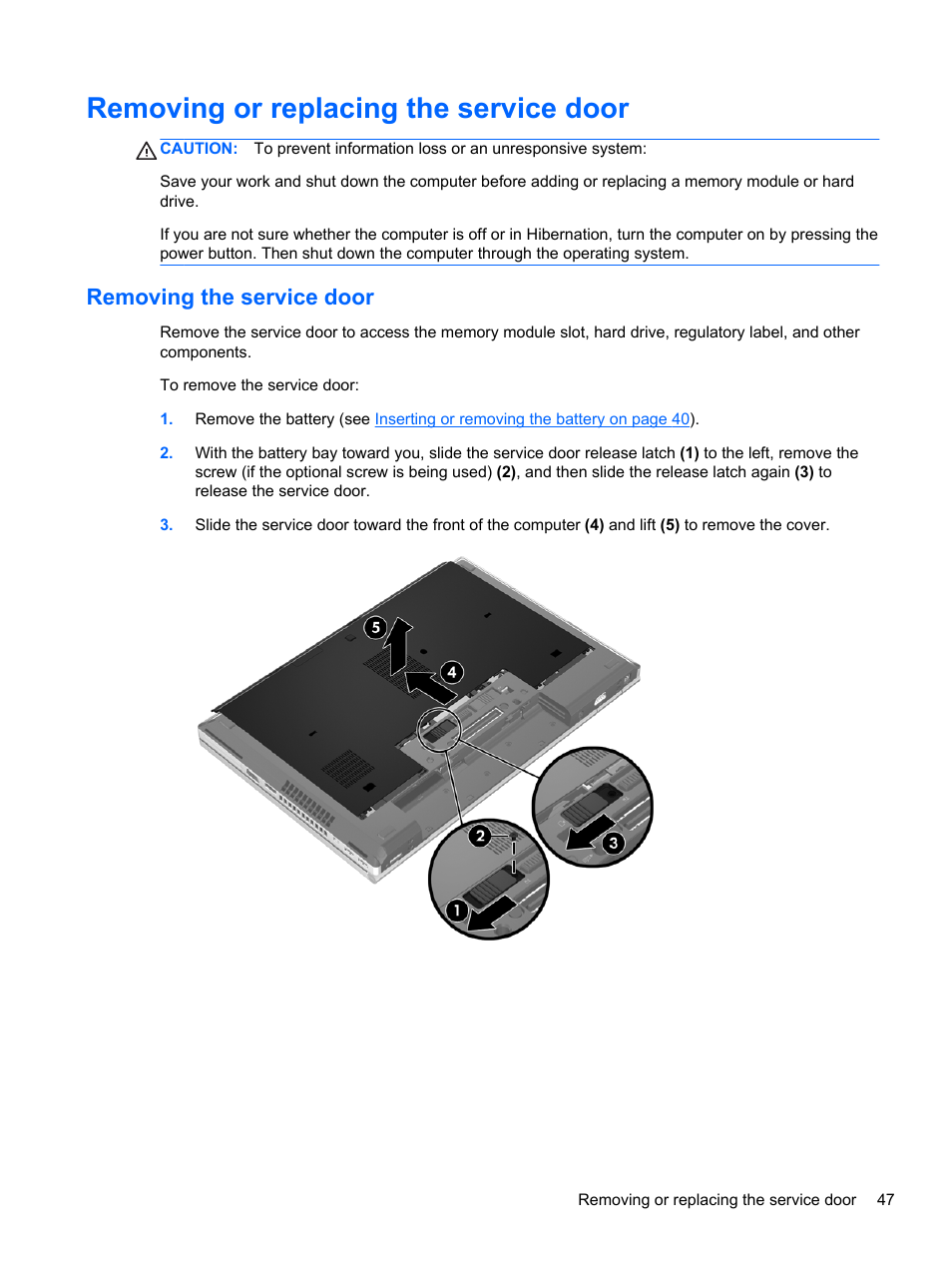 Removing or replacing the service door, Removing the service door | HP EliteBook 8470w Mobile Workstation User Manual | Page 57 / 113