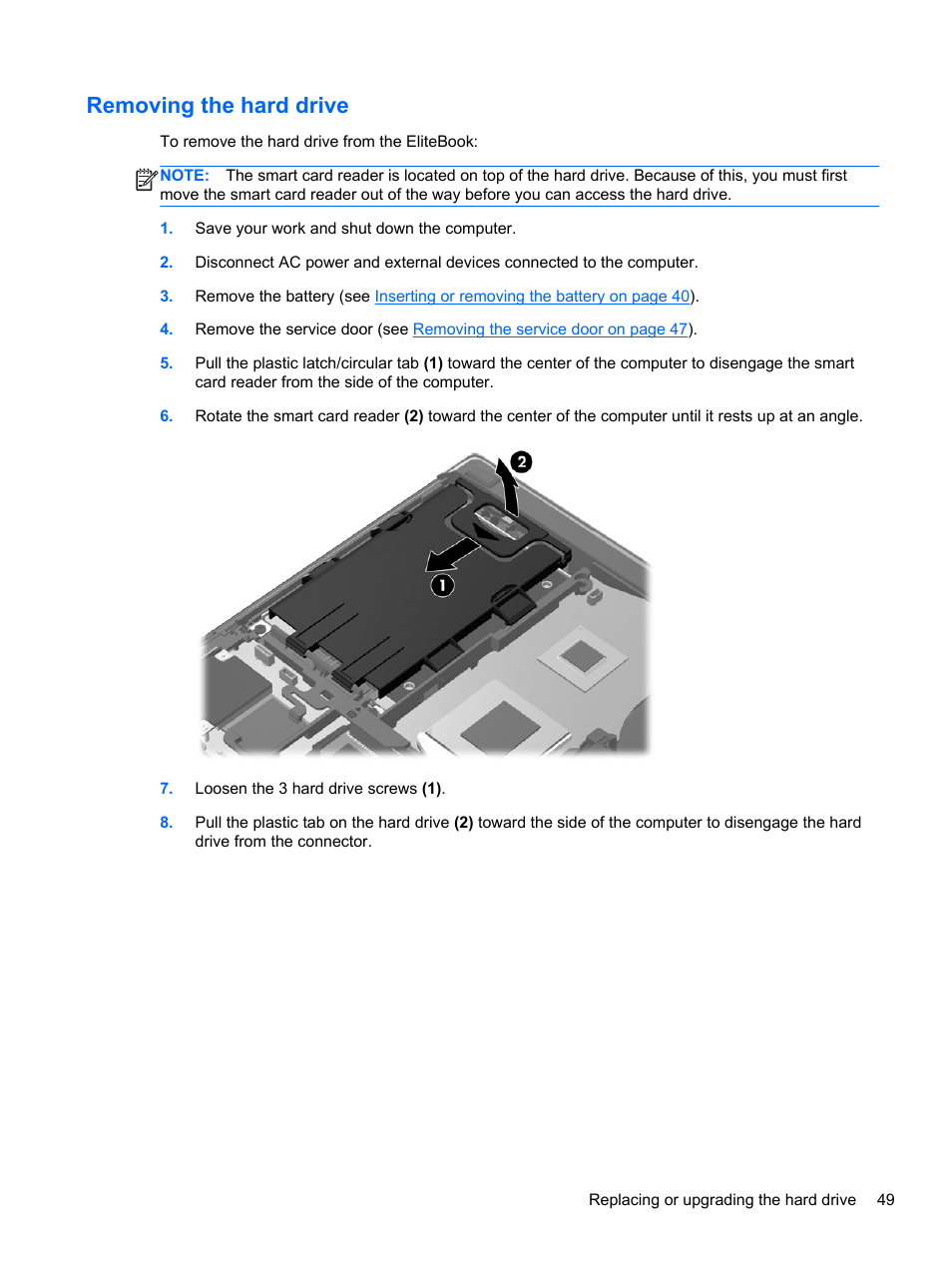 Removing the hard drive | HP EliteBook 8470w Mobile Workstation User Manual | Page 59 / 113