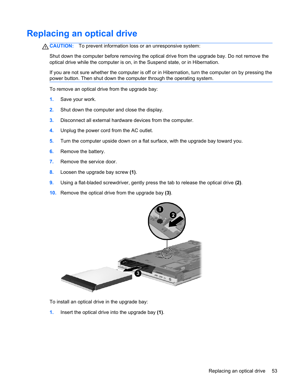 Replacing an optical drive | HP EliteBook 8470w Mobile Workstation User Manual | Page 63 / 113