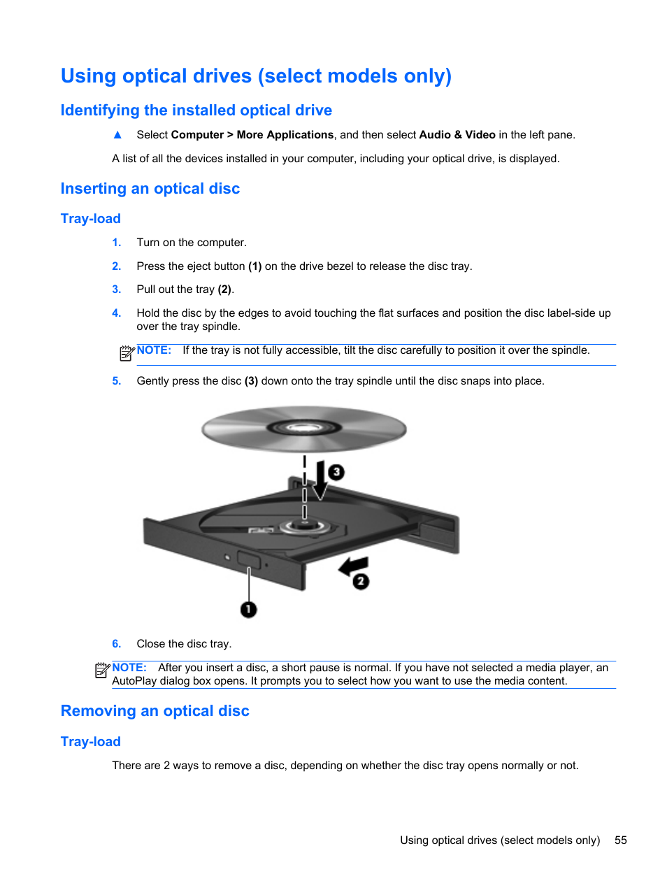 Using optical drives (select models only), Identifying the installed optical drive, Inserting an optical disc | Tray-load, Removing an optical disc | HP EliteBook 8470w Mobile Workstation User Manual | Page 65 / 113