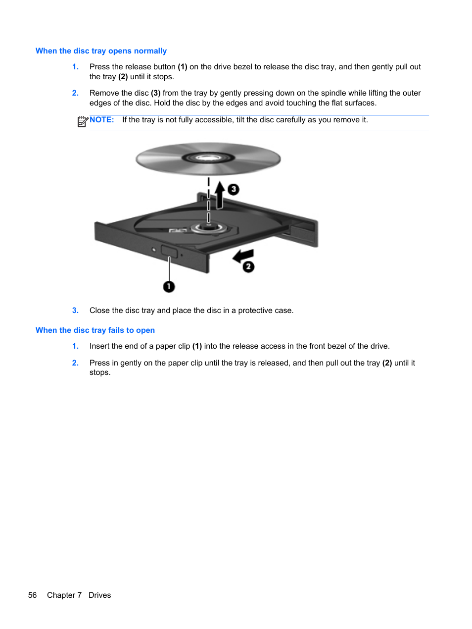 When the disc tray opens normally, When the disc tray fails to open | HP EliteBook 8470w Mobile Workstation User Manual | Page 66 / 113