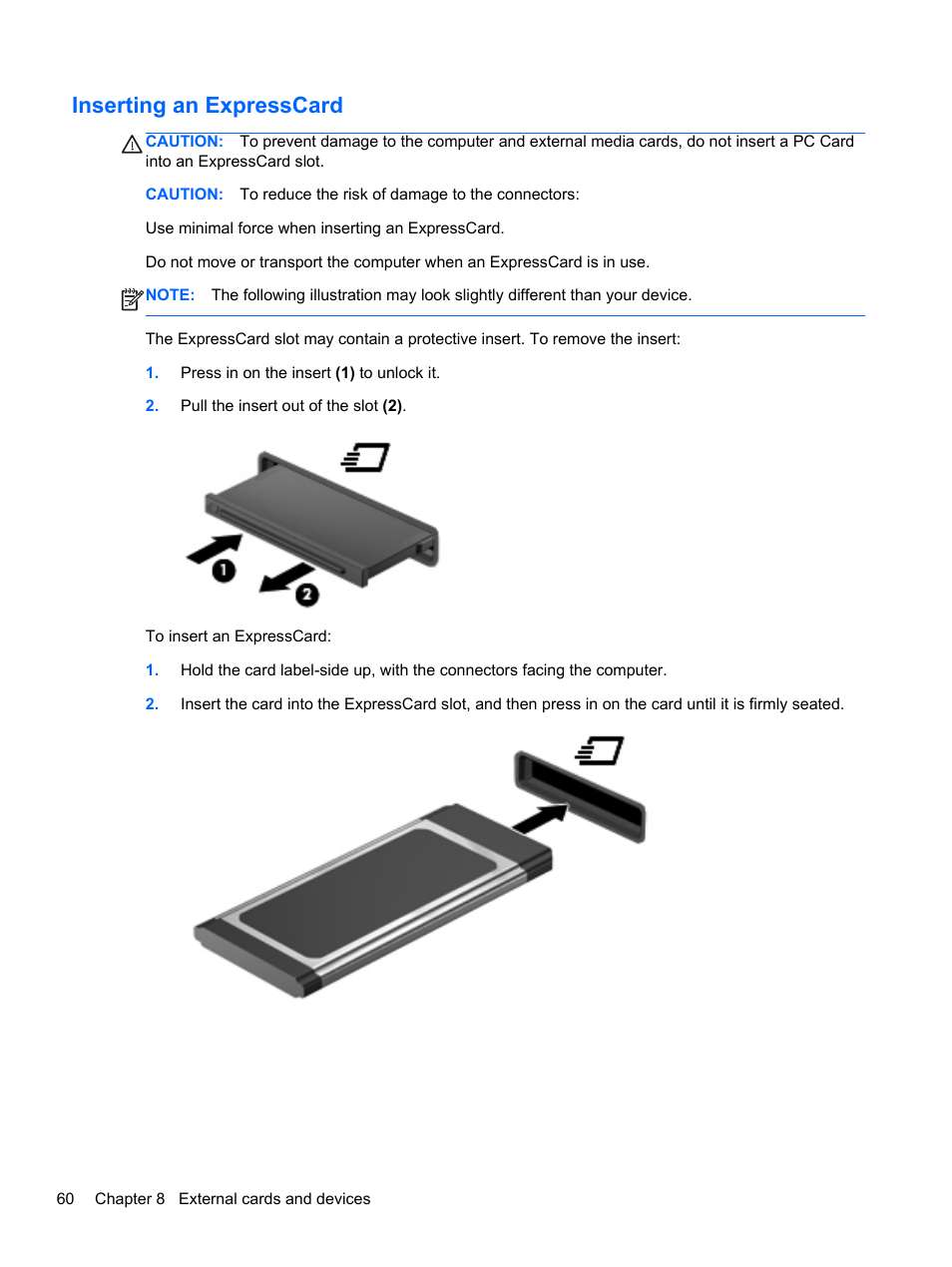 Inserting an expresscard | HP EliteBook 8470w Mobile Workstation User Manual | Page 70 / 113