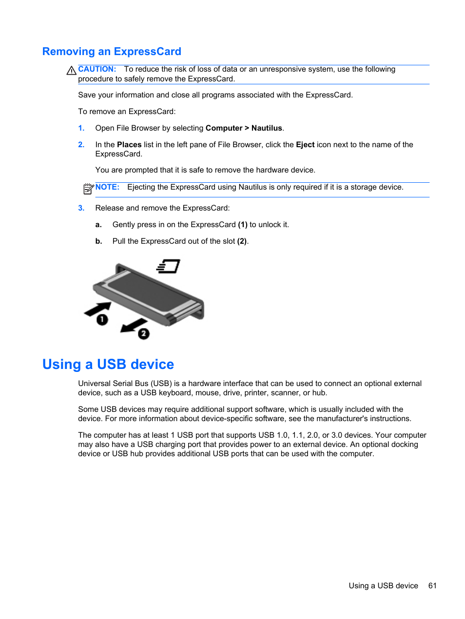 Removing an expresscard, Using a usb device | HP EliteBook 8470w Mobile Workstation User Manual | Page 71 / 113