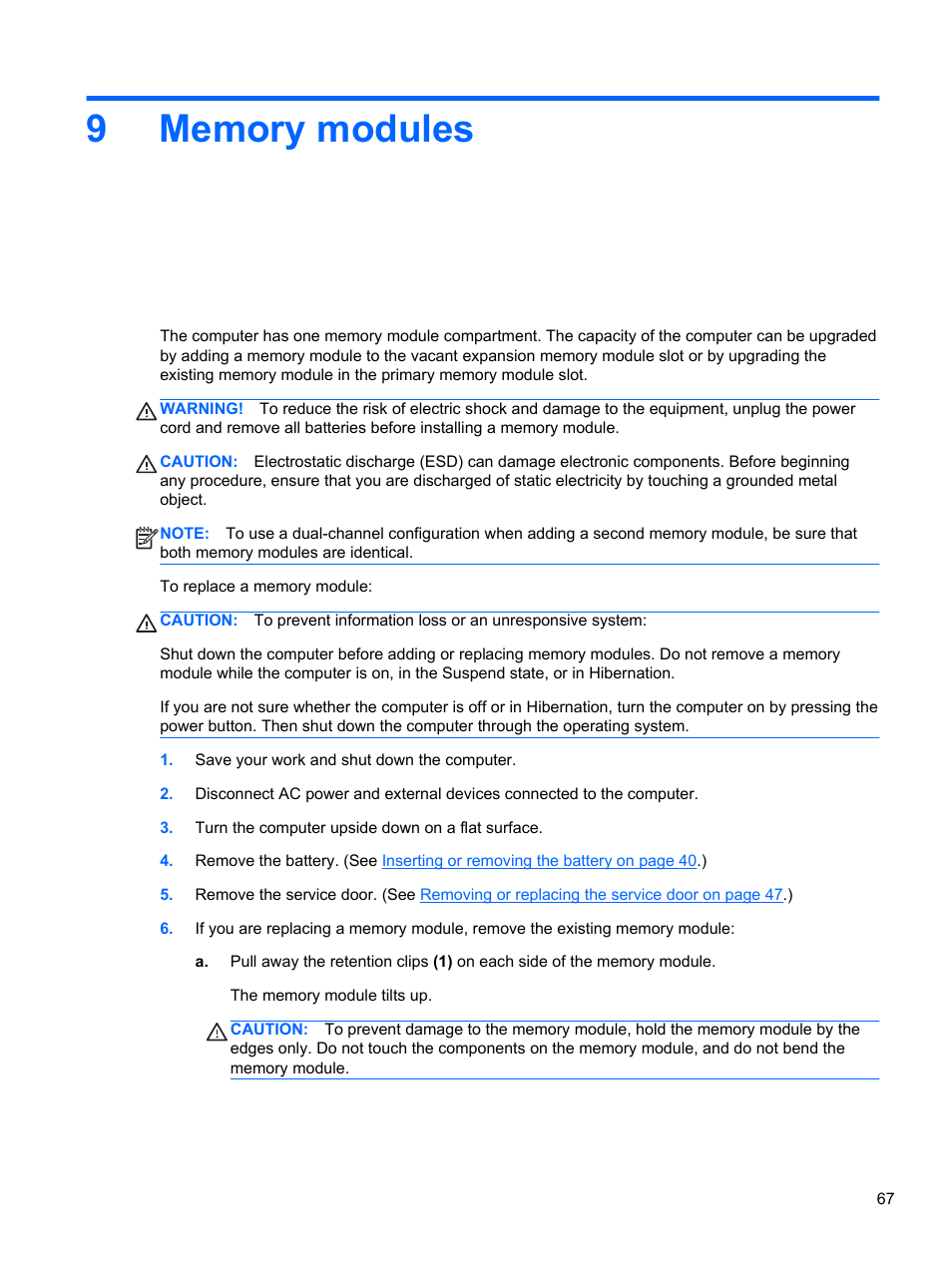 Memory modules, 9 memory modules | HP EliteBook 8470w Mobile Workstation User Manual | Page 77 / 113