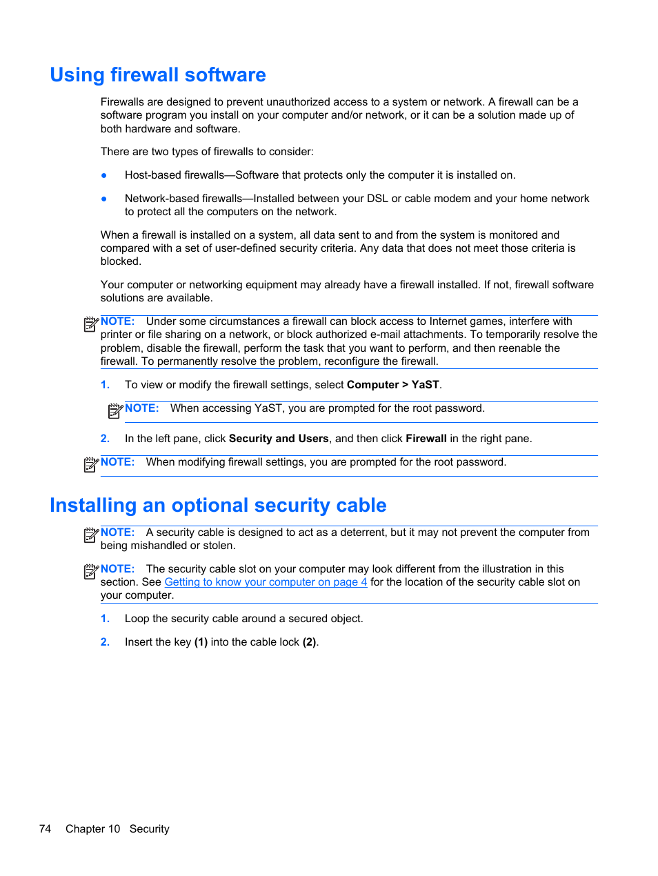 Using firewall software, Installing an optional security cable | HP EliteBook 8470w Mobile Workstation User Manual | Page 84 / 113