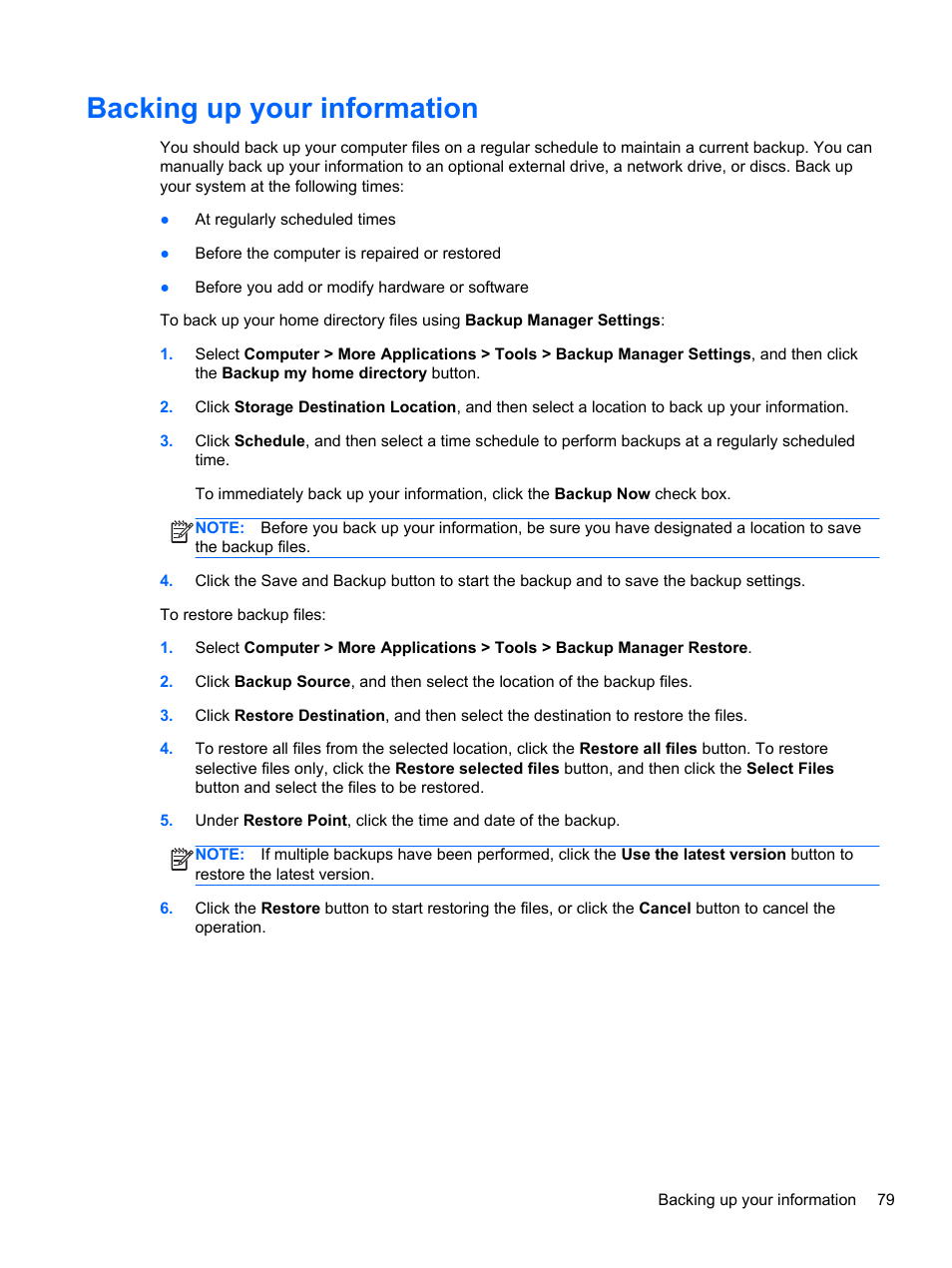 Backing up your information | HP EliteBook 8470w Mobile Workstation User Manual | Page 89 / 113