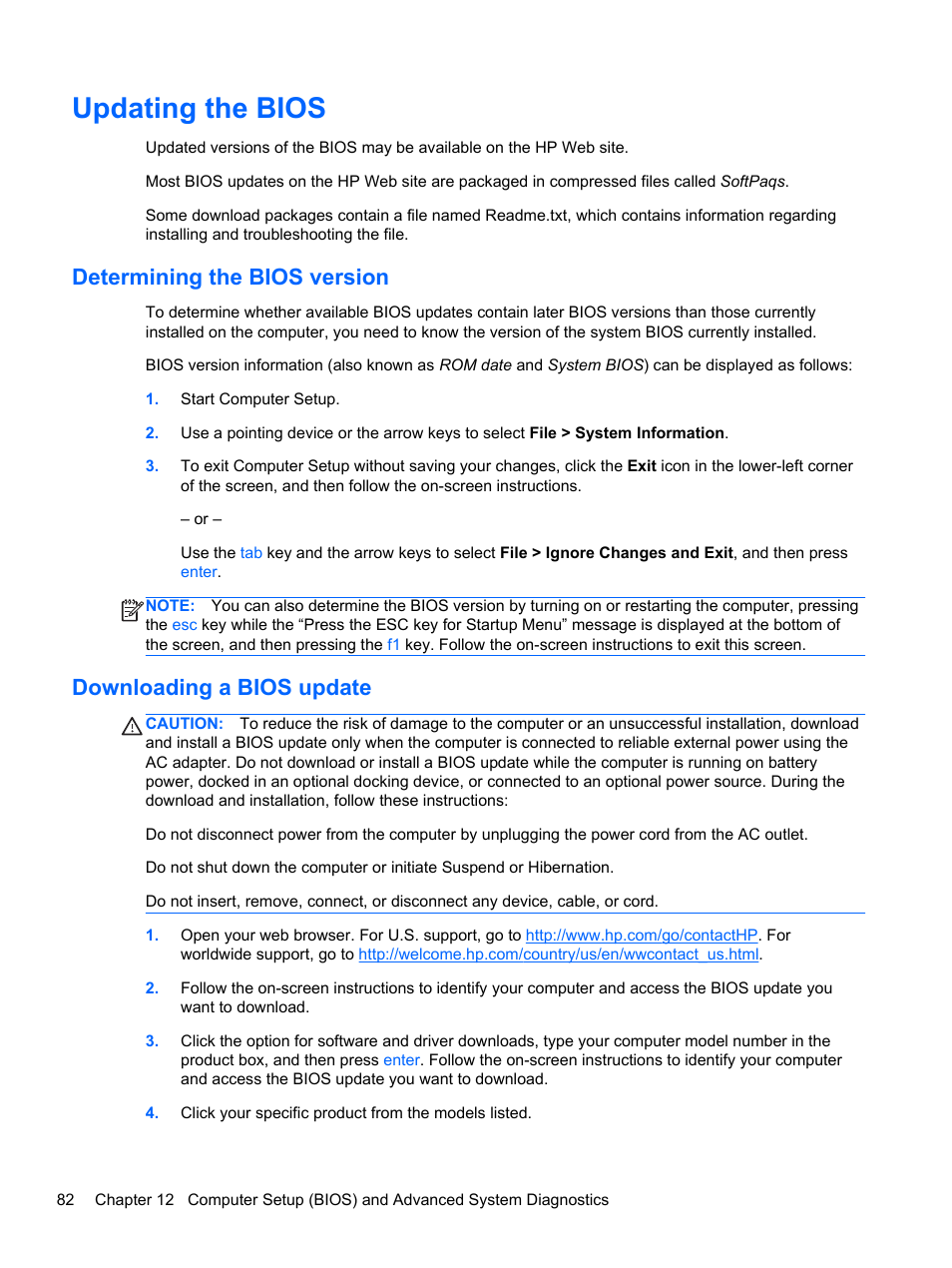 Updating the bios, Determining the bios version, Downloading a bios update | HP EliteBook 8470w Mobile Workstation User Manual | Page 92 / 113