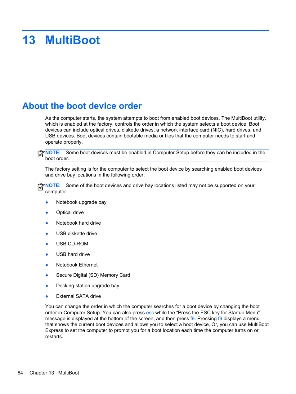Multiboot, About the boot device order, 13 multiboot | HP EliteBook 8470w Mobile Workstation User Manual | Page 94 / 113