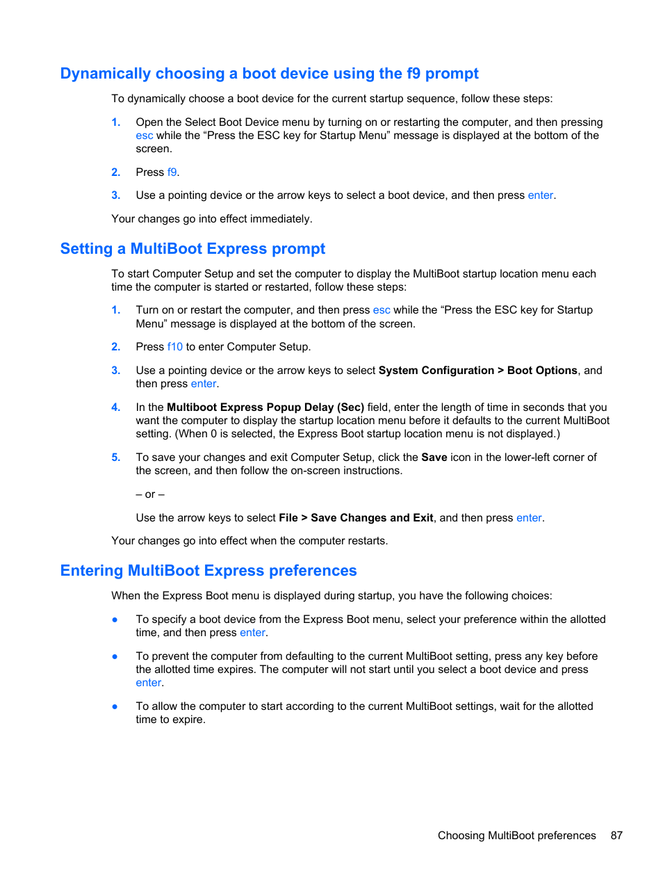 Setting a multiboot express prompt, Entering multiboot express preferences | HP EliteBook 8470w Mobile Workstation User Manual | Page 97 / 113