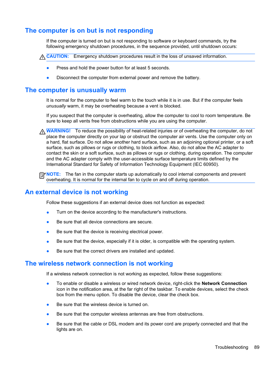 The computer is on but is not responding, The computer is unusually warm, An external device is not working | The wireless network connection is not working | HP EliteBook 8470w Mobile Workstation User Manual | Page 99 / 113
