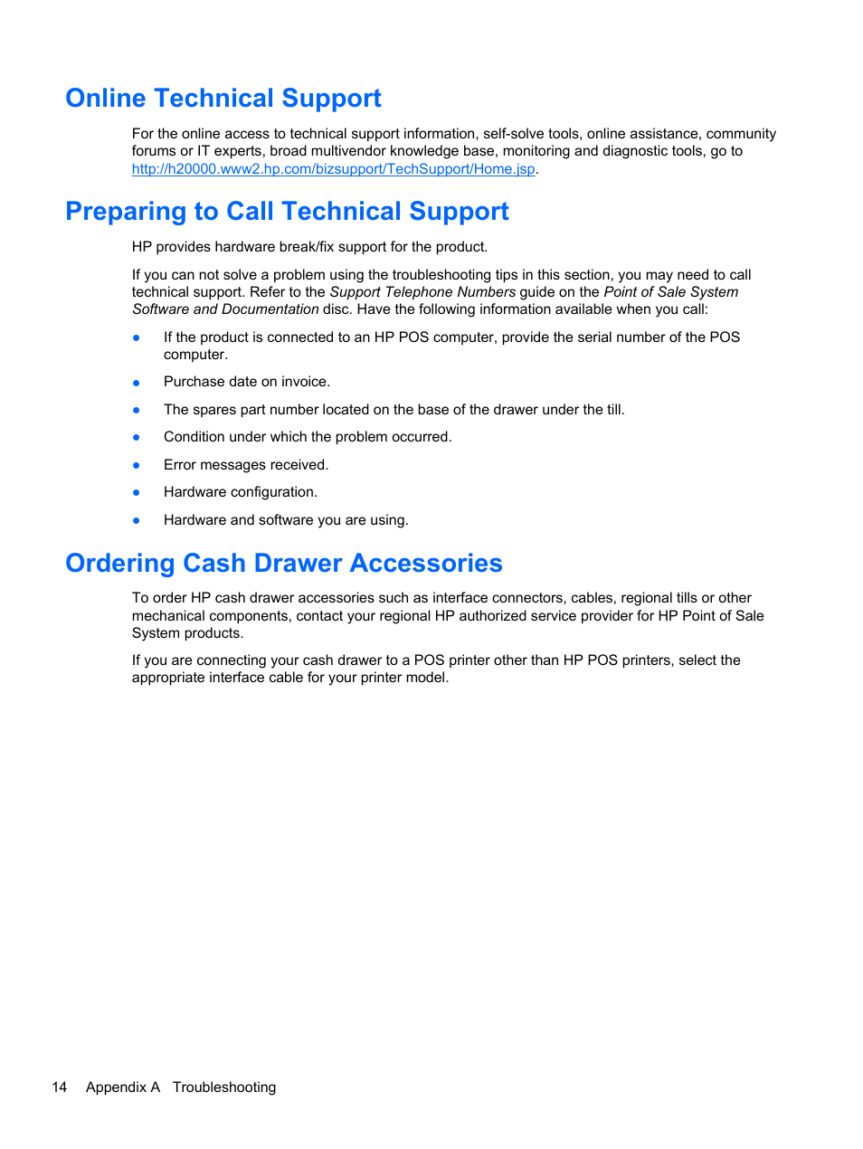 Online technical support, Preparing to call technical support, Ordering cash drawer accessories | HP RP3 Retail System Model 3100 User Manual | Page 20 / 24