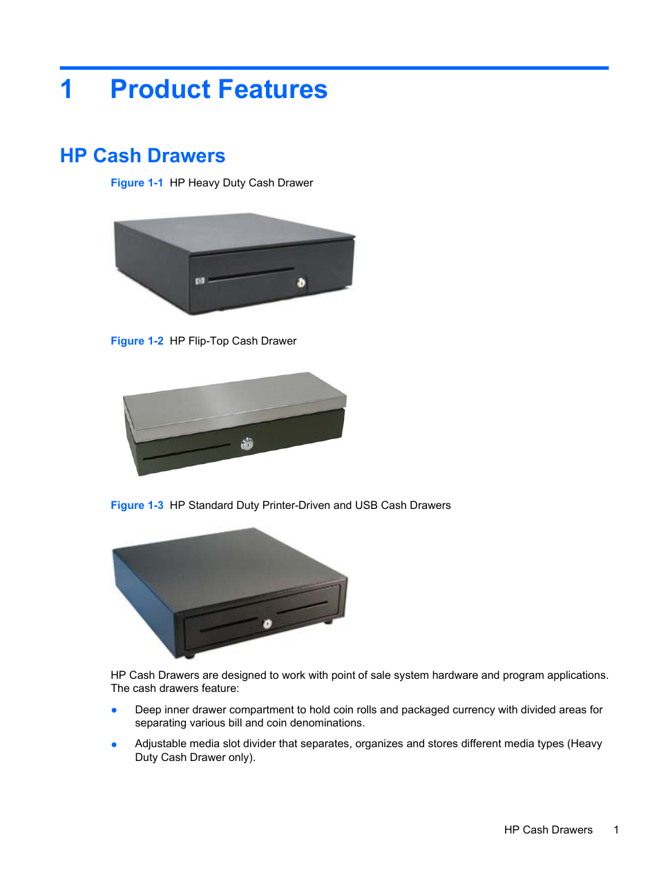 Product features, Hp cash drawers, 1 product features | 1product features | HP RP3 Retail System Model 3100 User Manual | Page 7 / 24