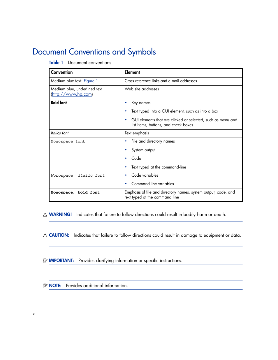 Document conventions and symbols | HP Storage Essentials Enterprise Edition Software User Manual | Page 10 / 66