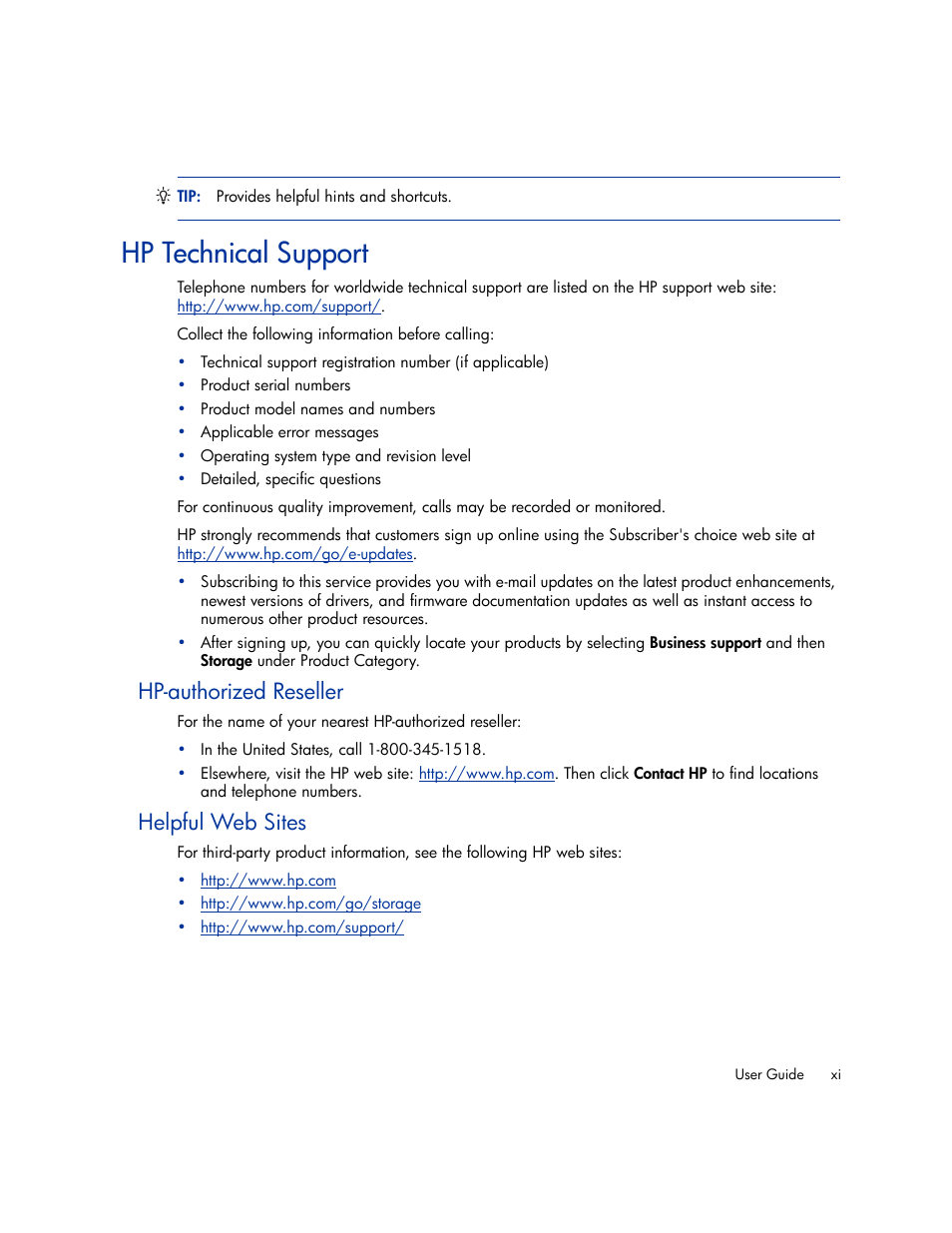 Hp technical support, Hp-authorized reseller, Helpful web sites | HP Storage Essentials Enterprise Edition Software User Manual | Page 11 / 66