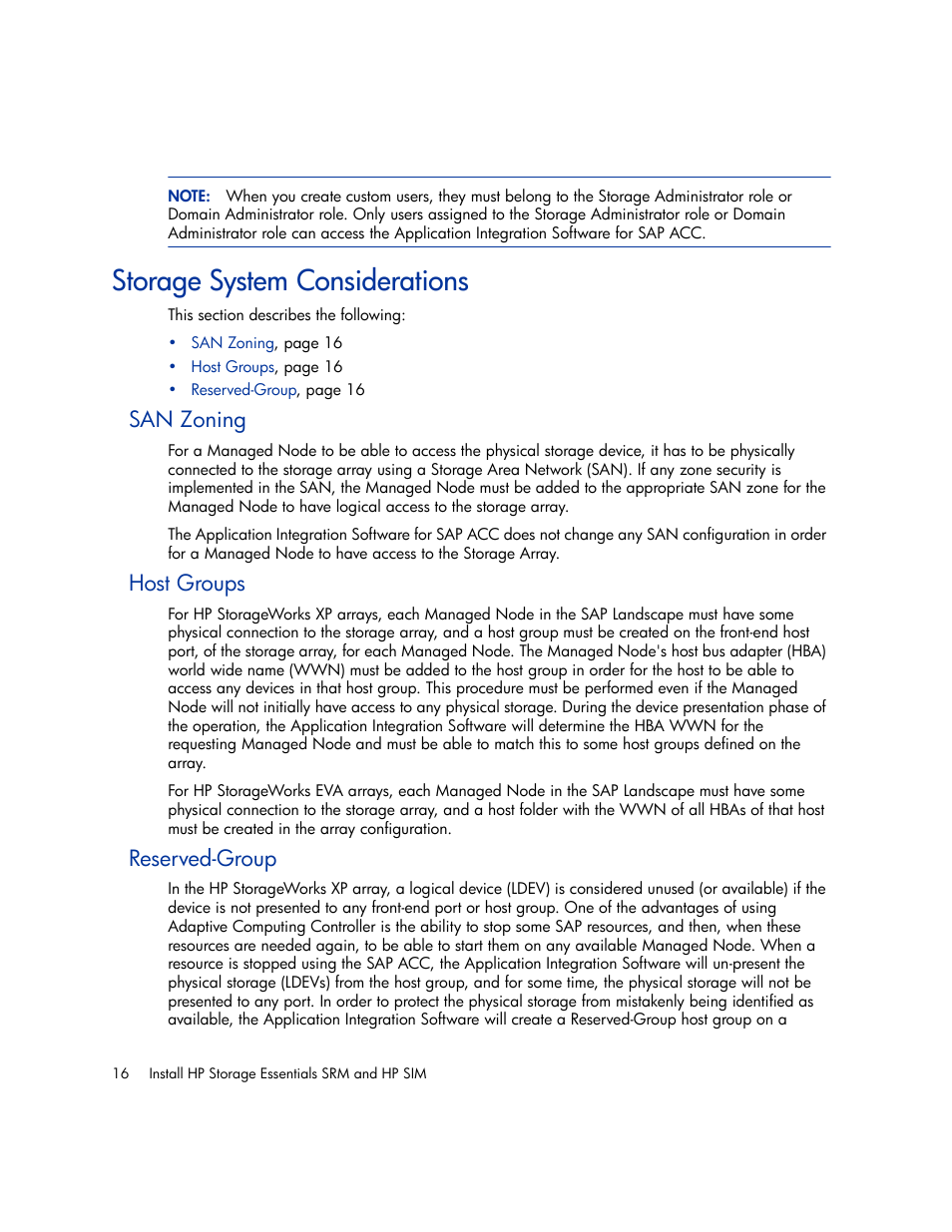 Storage system considerations, San zoning, Host groups | Reserved-group | HP Storage Essentials Enterprise Edition Software User Manual | Page 28 / 66