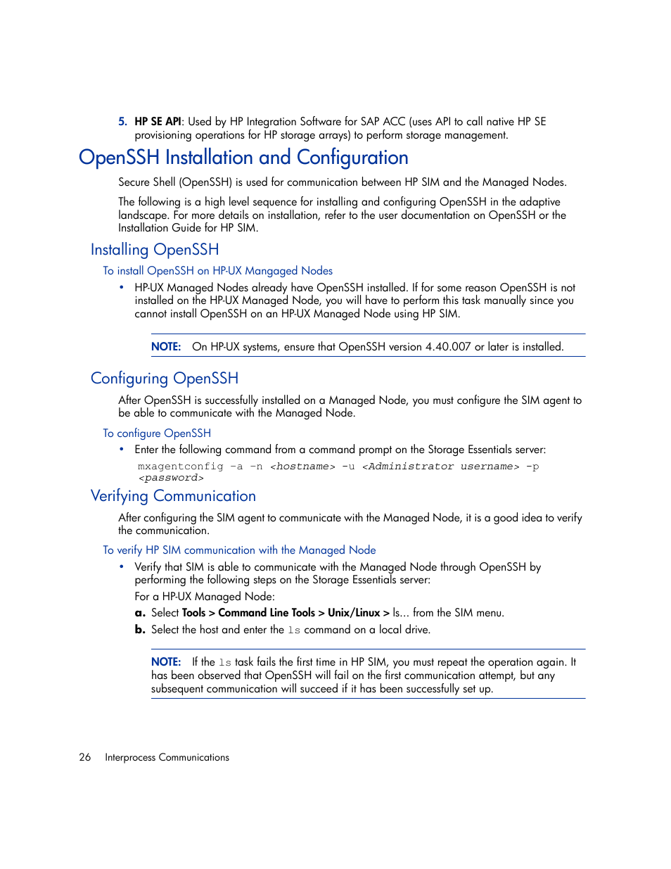 Openssh installation and configuration, Installing openssh, Configuring openssh | Verifying communication, To install openssh on hp-ux mangaged nodes, To configure openssh | HP Storage Essentials Enterprise Edition Software User Manual | Page 38 / 66