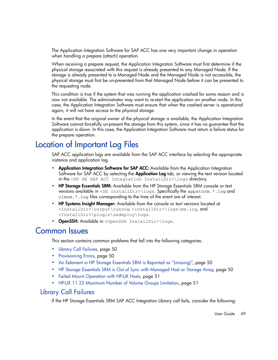 Location of important log files, Common issues, Library call failures | HP Storage Essentials Enterprise Edition Software User Manual | Page 61 / 66