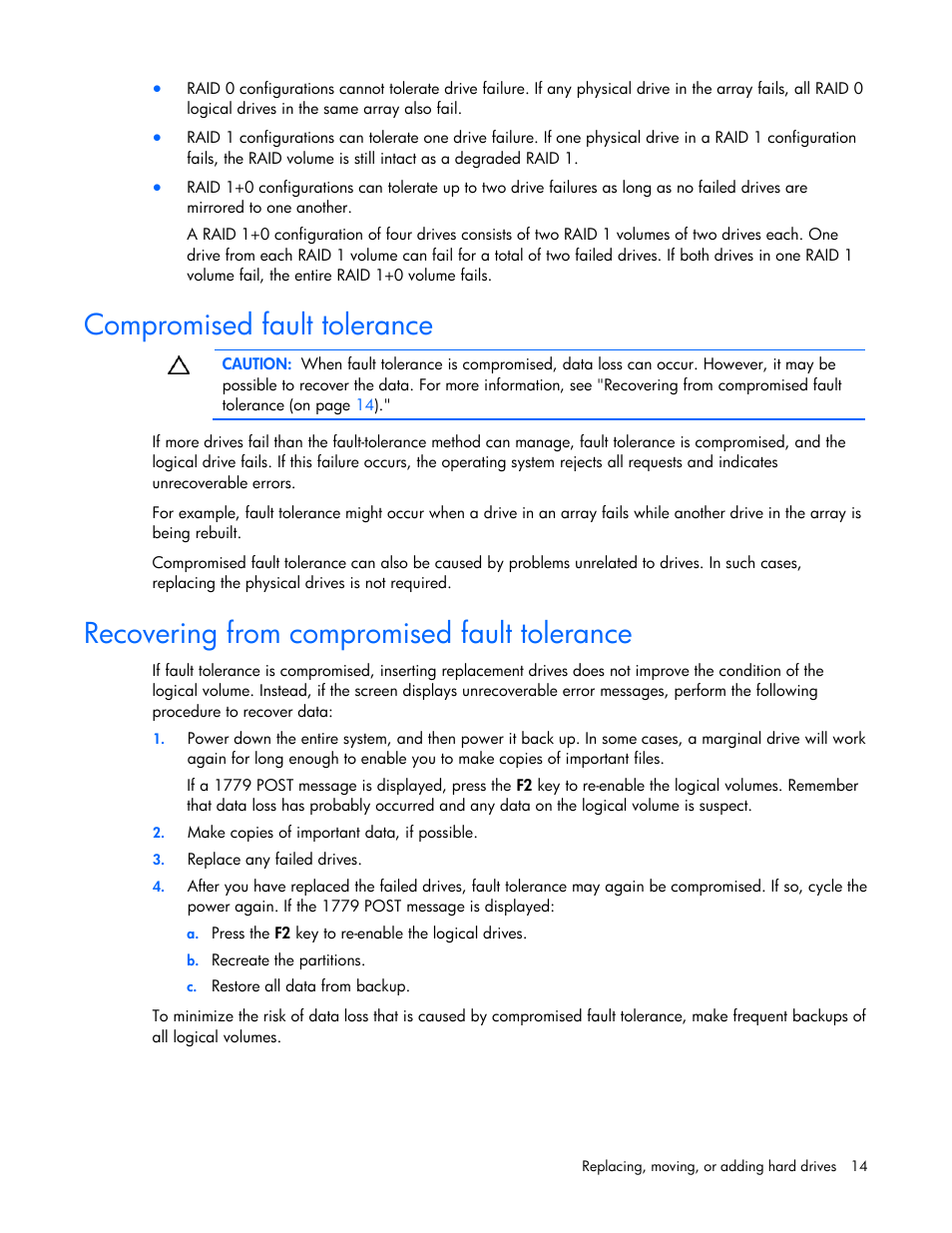 Compromised fault tolerance, Recovering from compromised fault tolerance | HP Smart Array B110i SATA RAID-Controller User Manual | Page 14 / 27
