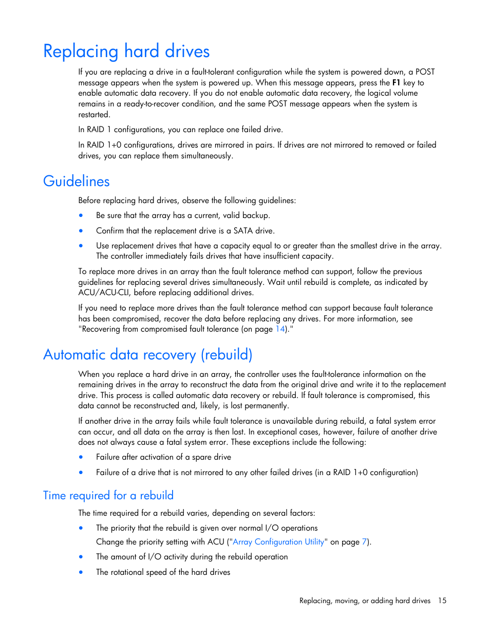 Replacing hard drives, Guidelines, Automatic data recovery (rebuild) | Time required for a rebuild, Guidelines automatic data recovery (rebuild) | HP Smart Array B110i SATA RAID-Controller User Manual | Page 15 / 27