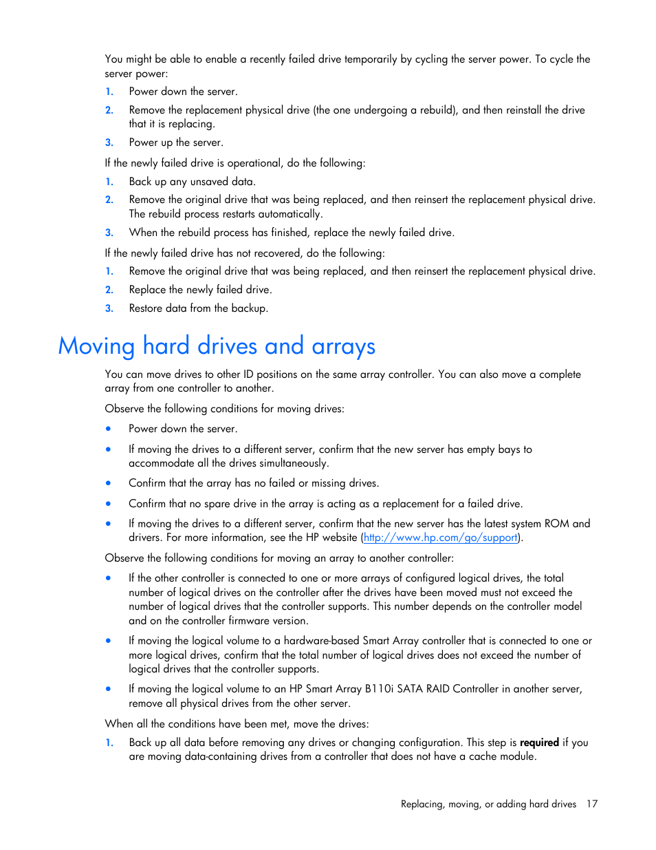 Moving hard drives and arrays | HP Smart Array B110i SATA RAID-Controller User Manual | Page 17 / 27