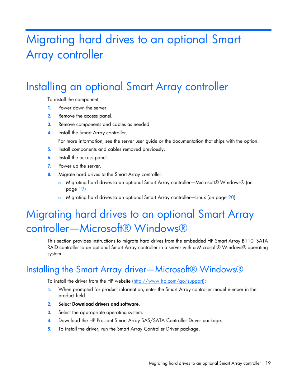 Installing an optional smart array controller | HP Smart Array B110i SATA RAID-Controller User Manual | Page 19 / 27