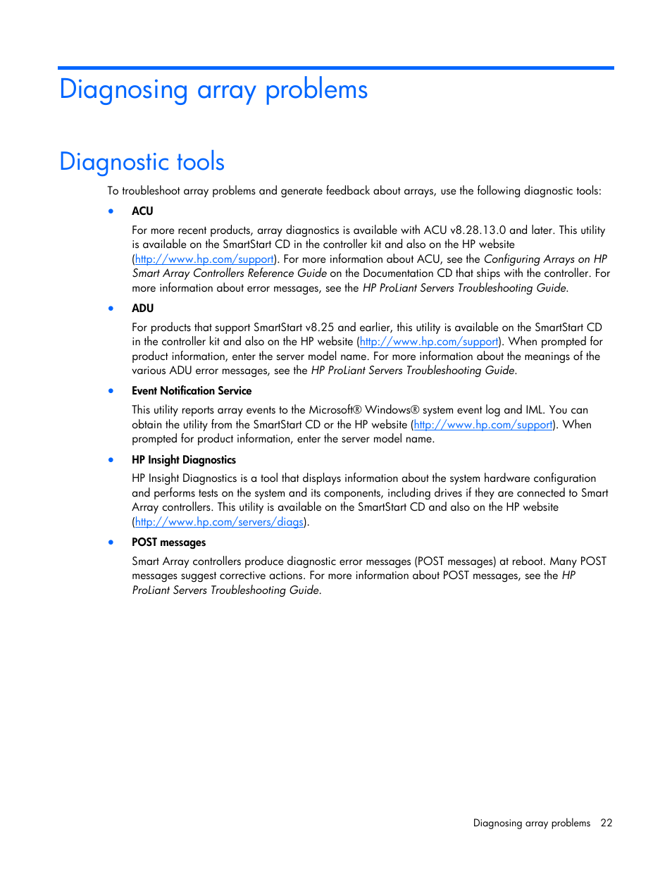 Diagnosing array problems, Diagnostic tools | HP Smart Array B110i SATA RAID-Controller User Manual | Page 22 / 27