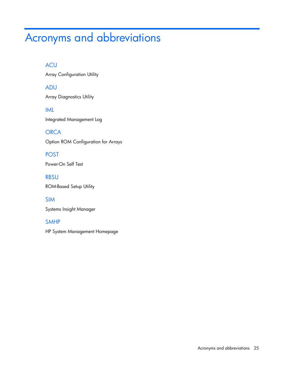 Acronyms and abbreviations | HP Smart Array B110i SATA RAID-Controller User Manual | Page 25 / 27