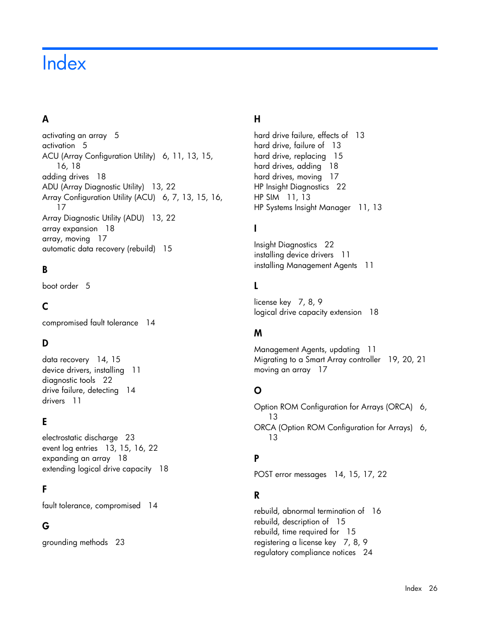 Index | HP Smart Array B110i SATA RAID-Controller User Manual | Page 26 / 27