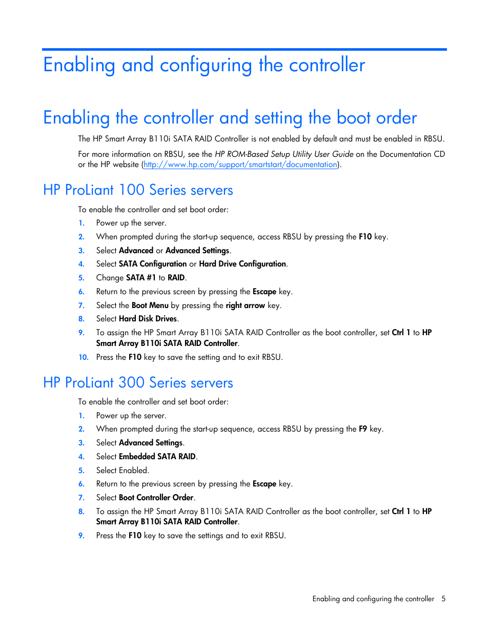 Enabling and configuring the controller, Enabling the controller and setting the boot order, Hp proliant 100 series servers | Hp proliant 300 series servers | HP Smart Array B110i SATA RAID-Controller User Manual | Page 5 / 27