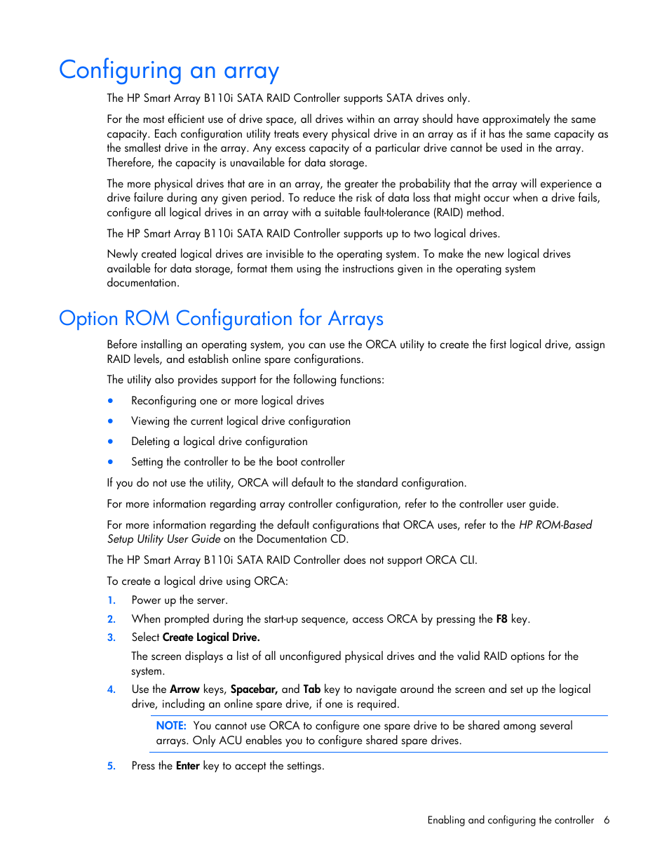 Configuring an array, Option rom configuration for arrays | HP Smart Array B110i SATA RAID-Controller User Manual | Page 6 / 27