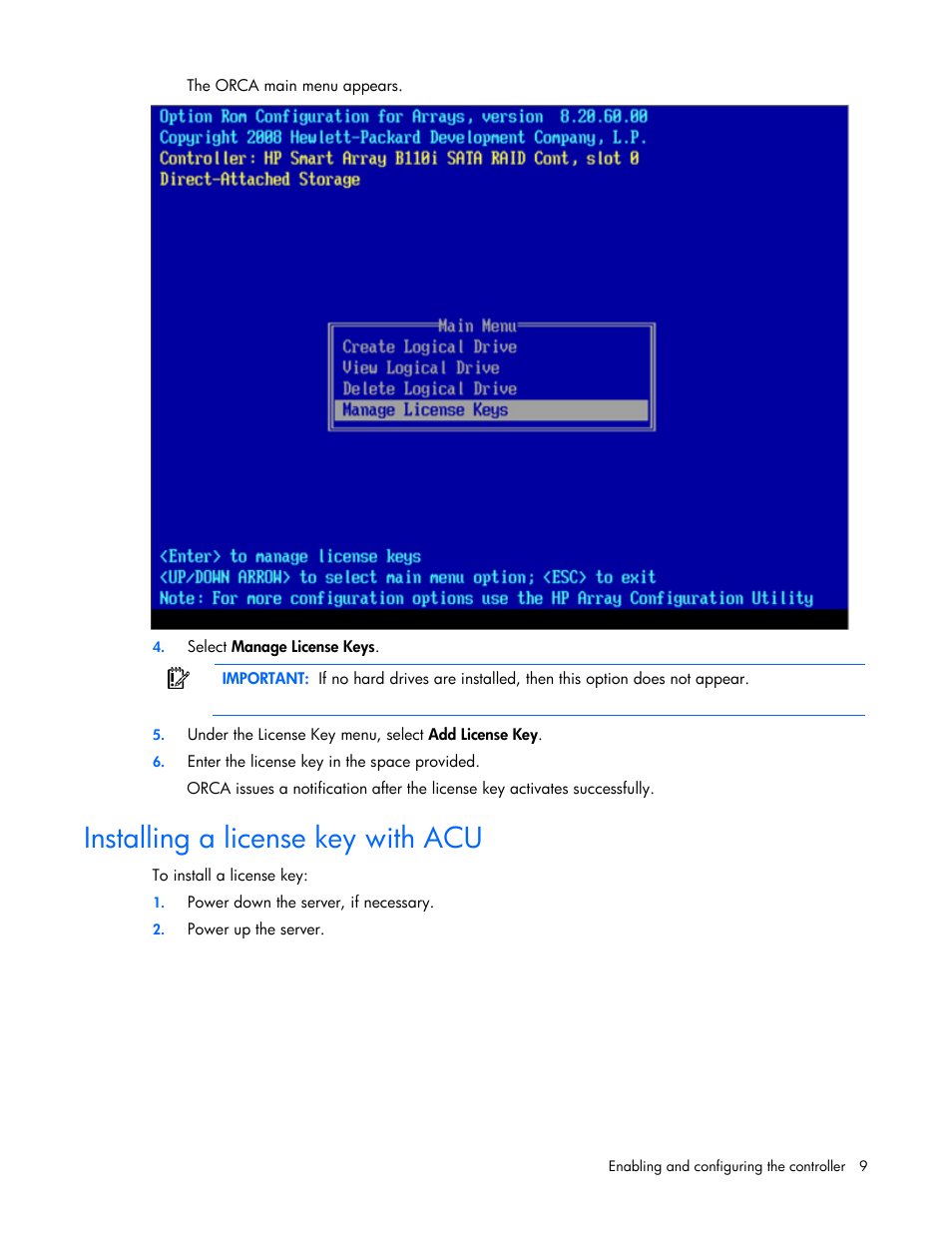 Installing a license key with acu | HP Smart Array B110i SATA RAID-Controller User Manual | Page 9 / 27
