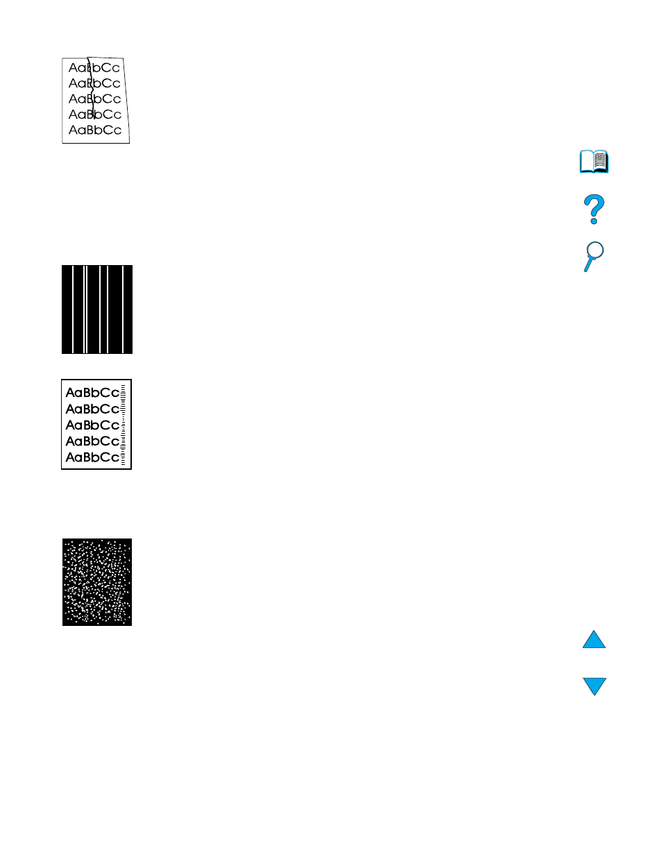 Wrinkles or creases, Vertical white lines, Tire tracks | White spots on black | HP LaserJet 4100 Multifunction Printer series User Manual | Page 103 / 164