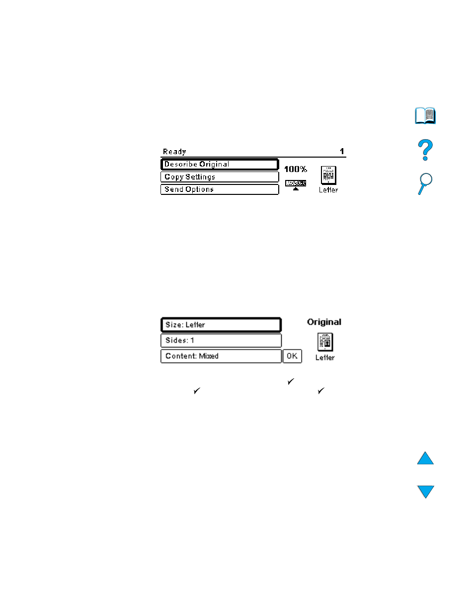 Control panel screens, Making copies without describing the original | HP LaserJet 4100 Multifunction Printer series User Manual | Page 38 / 164