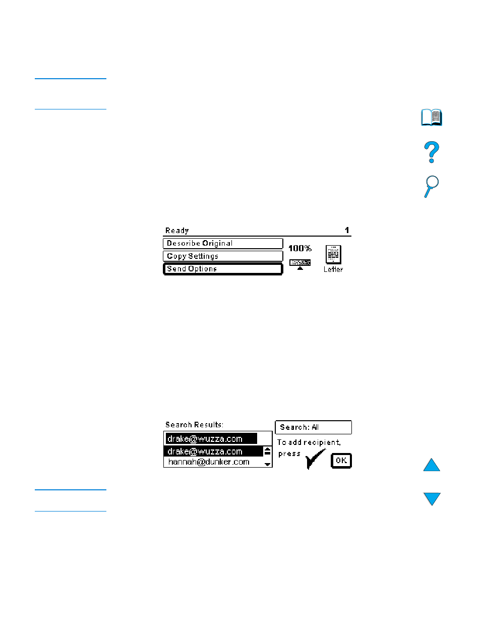 Sending documents, Describe original screen, Send options screen | Basic sending procedures, Using the address books | HP LaserJet 4100 Multifunction Printer series User Manual | Page 52 / 164
