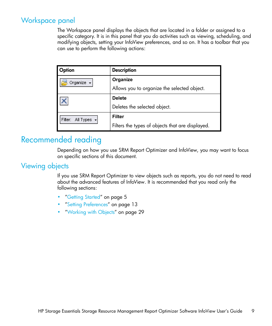Workspace panel, Recommended reading, Viewing objects | HP Storage Essentials Enterprise Edition Software User Manual | Page 11 / 96