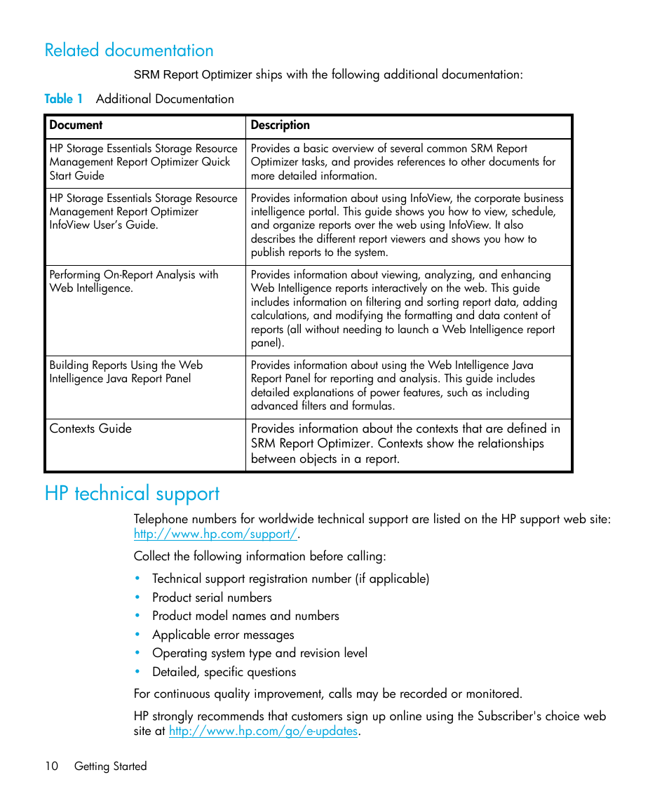 Related documentation, Table 1 additional documentation, Hp technical support | HP Storage Essentials Enterprise Edition Software User Manual | Page 12 / 96