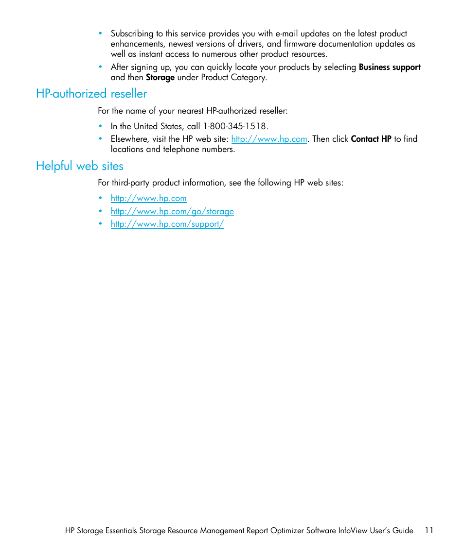 Hp-authorized reseller, Helpful web sites | HP Storage Essentials Enterprise Edition Software User Manual | Page 13 / 96