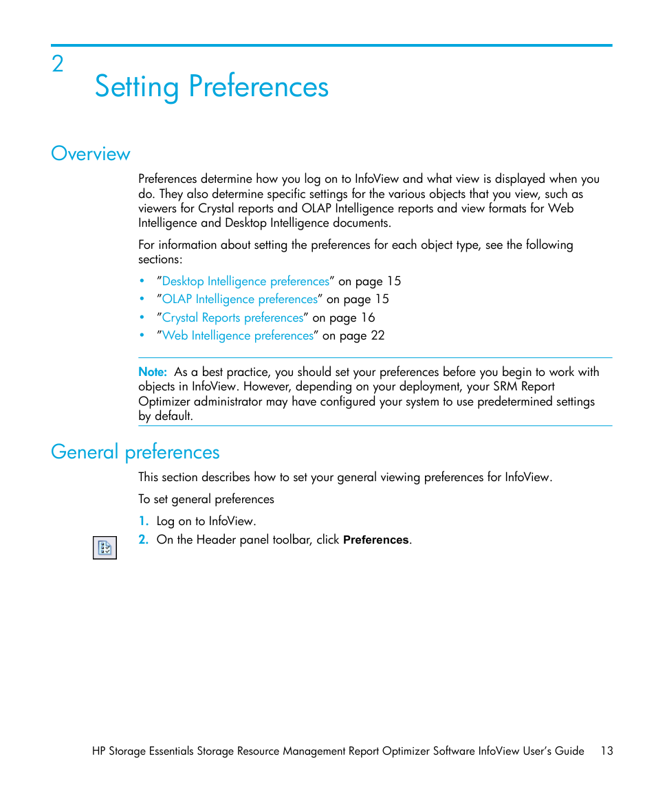 Setting preferences, Overview, General preferences | 2 setting preferences | HP Storage Essentials Enterprise Edition Software User Manual | Page 15 / 96