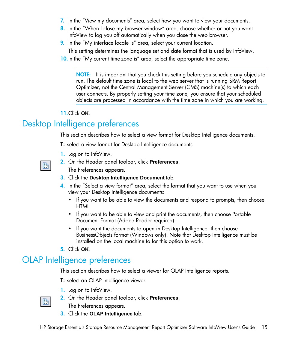 Desktop intelligence preferences, Olap intelligence preferences | HP Storage Essentials Enterprise Edition Software User Manual | Page 17 / 96